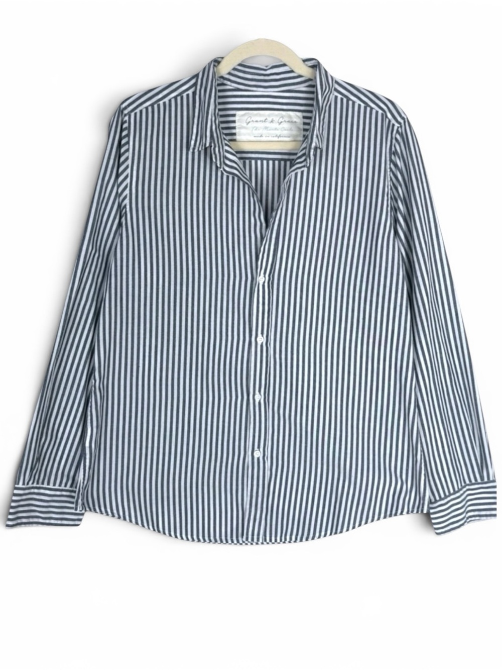 Grant & Grace The Monte Carlo Sun Washed Gray White Stripe Button Front Shirt XL - Picture 2 of 16
